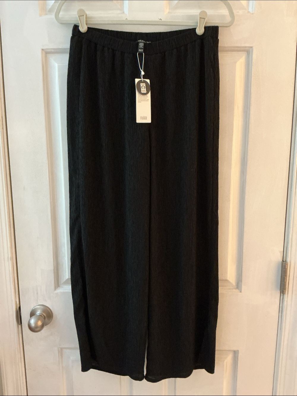 Eileen Fisher Petite Black Elastic Waist Crinkle Wide Ankle Pants NWT PS